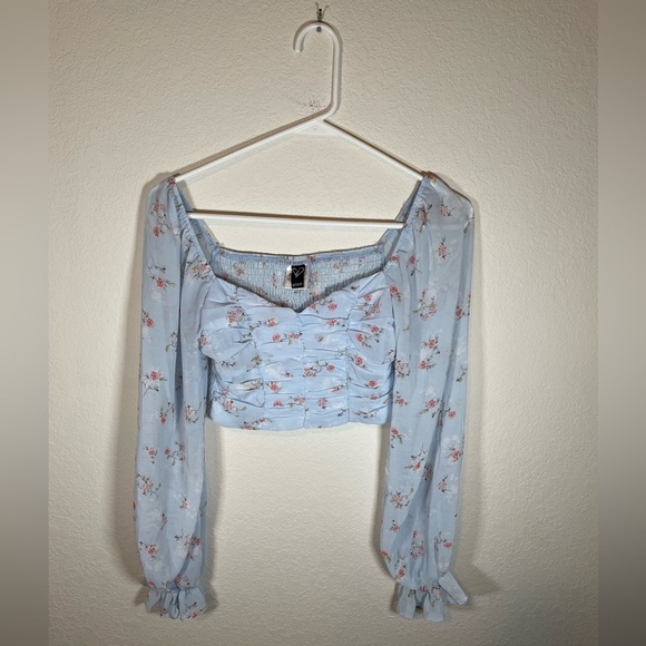 Windsor Sheer Crop Floral Blue Women's Blouse - Picture 2 of 8